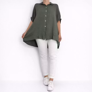 Kort linneskjorta med Volang KAKI