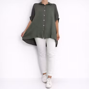 Kort linneskjorta med Volang KAKI