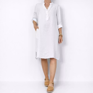 Kort Linneklänning med Krås VIT