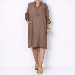 Kort Linneklänning med Krås TAUPE