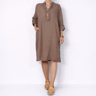 Kort Linneklänning med Krås TAUPE