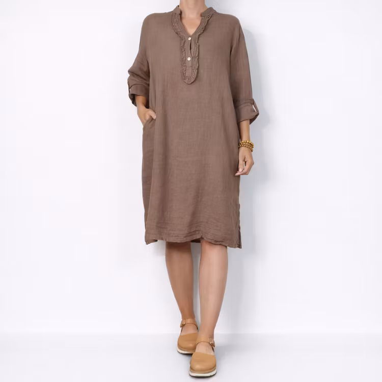 Kort Linneklänning med Krås TAUPE