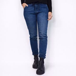 Jeans Resårmidja och Knytband MÖRK BLÅ - 3D Denim