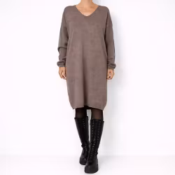 Finstickad klänning V-ringad TAUPE