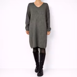 Finstickad klänning V-ringad KAKI