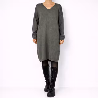 Finstickad klänning V-ringad KAKI