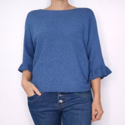 Finstickad tröja Volangärm JEANSBLÅ