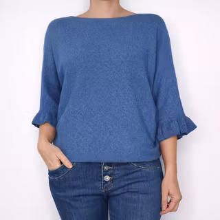 Finstickad tröja Volangärm JEANSBLÅ