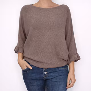 Finstickad tröja Volangärm TAUPE