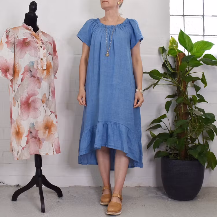 Linneklänning Volang JEANSBLÅ