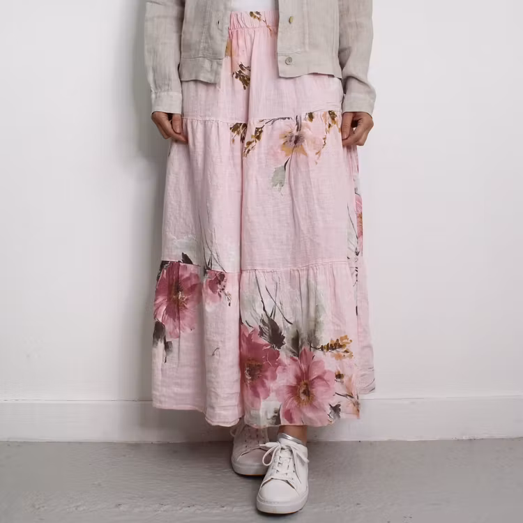 Linnekjol med volanger Blommig ROSA