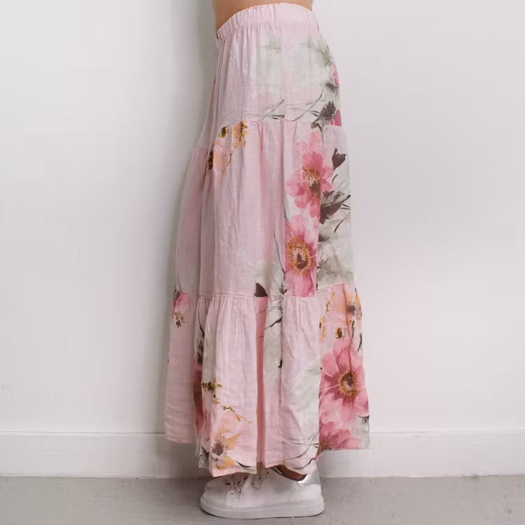 Linnekjol med volanger Blommig ROSA