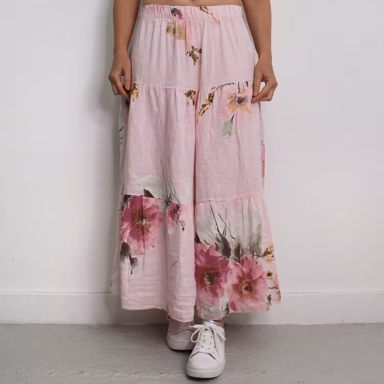 Linnekjol med volanger Blommig ROSA