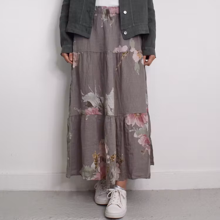 Linnekjol med volanger Blommig TAUPE
