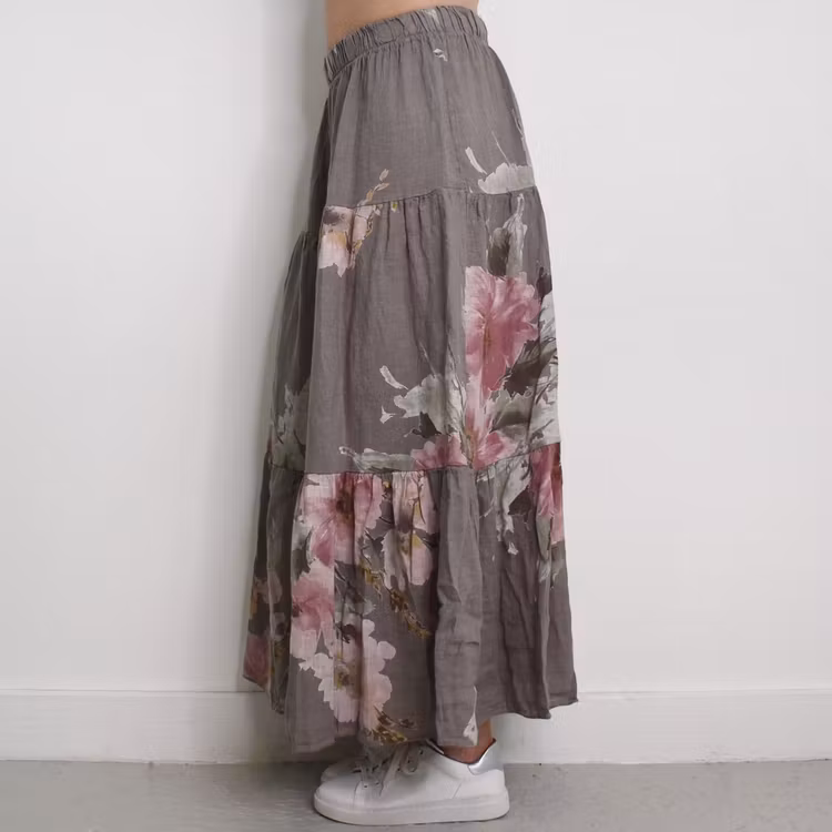 Linnekjol med volanger Blommig TAUPE