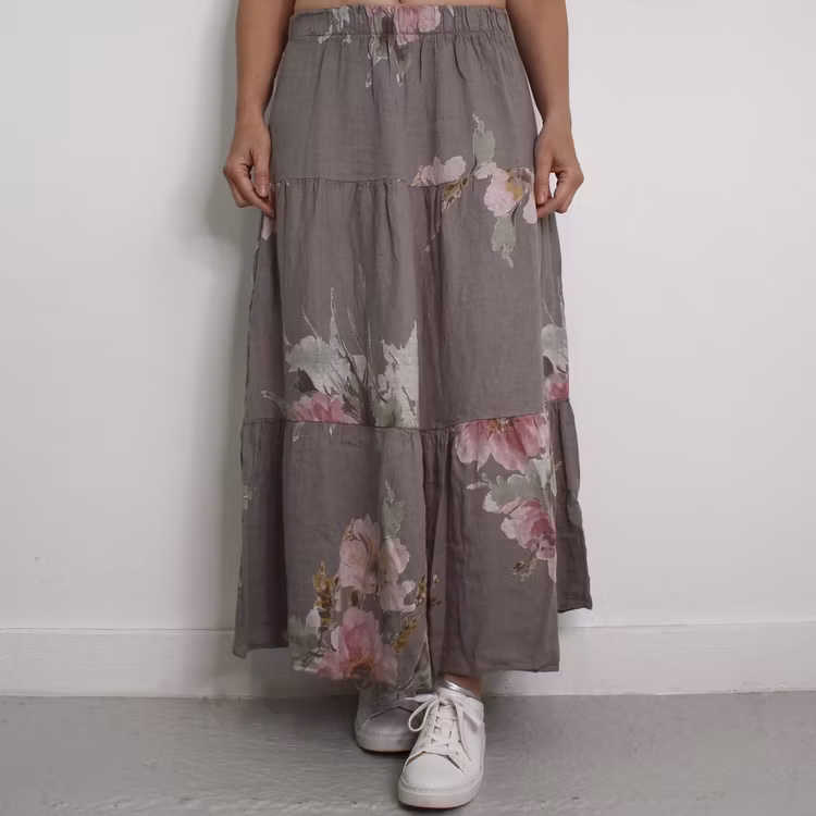 Linnekjol med volanger Blommig TAUPE