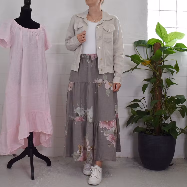 Linnekjol med volanger Blommig TAUPE