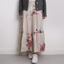 Linnekjol med volanger Blommig BEIGE