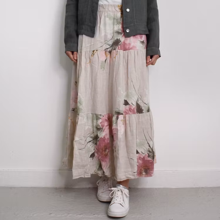 Linnekjol med volanger Blommig BEIGE