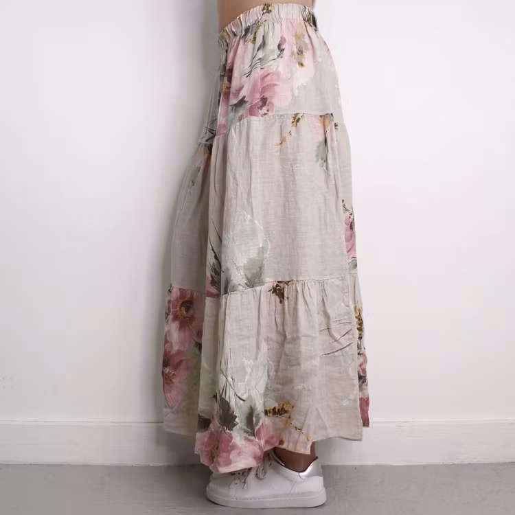 Linnekjol med volanger Blommig BEIGE