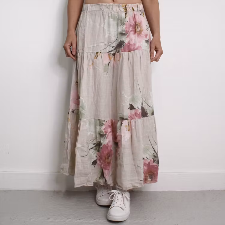 Linnekjol med volanger Blommig BEIGE