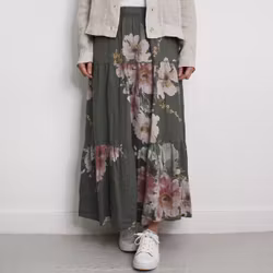 Linnekjol med volanger Blommig KAKI