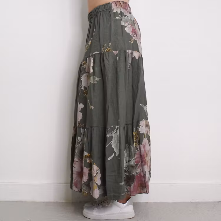 Linnekjol med volanger Blommig KAKI