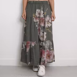 Linnekjol med volanger Blommig KAKI