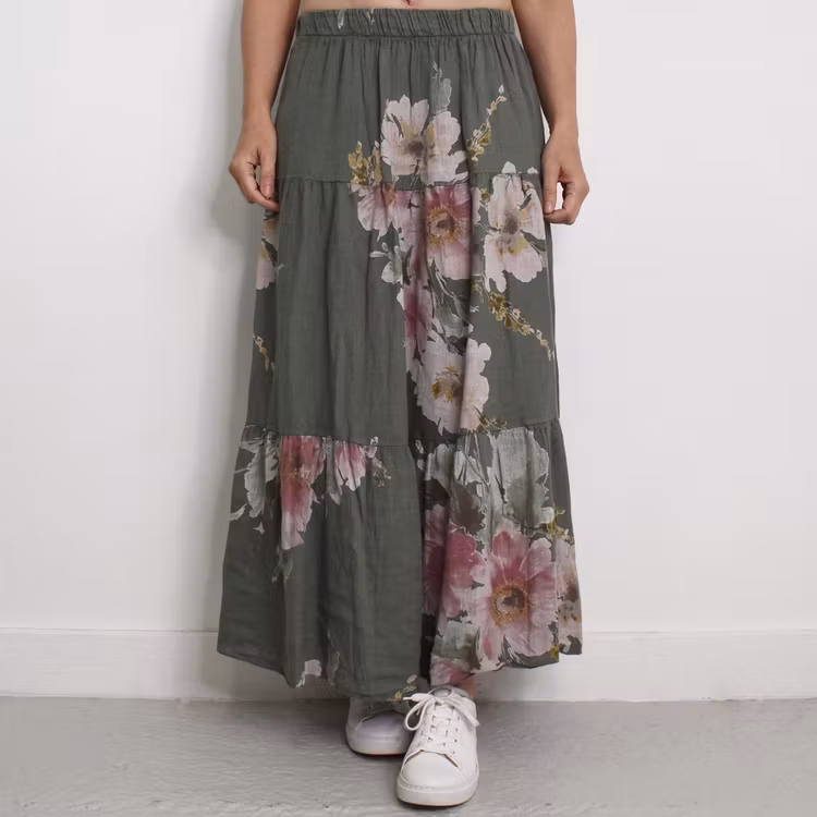 Linnekjol med volanger Blommig KAKI