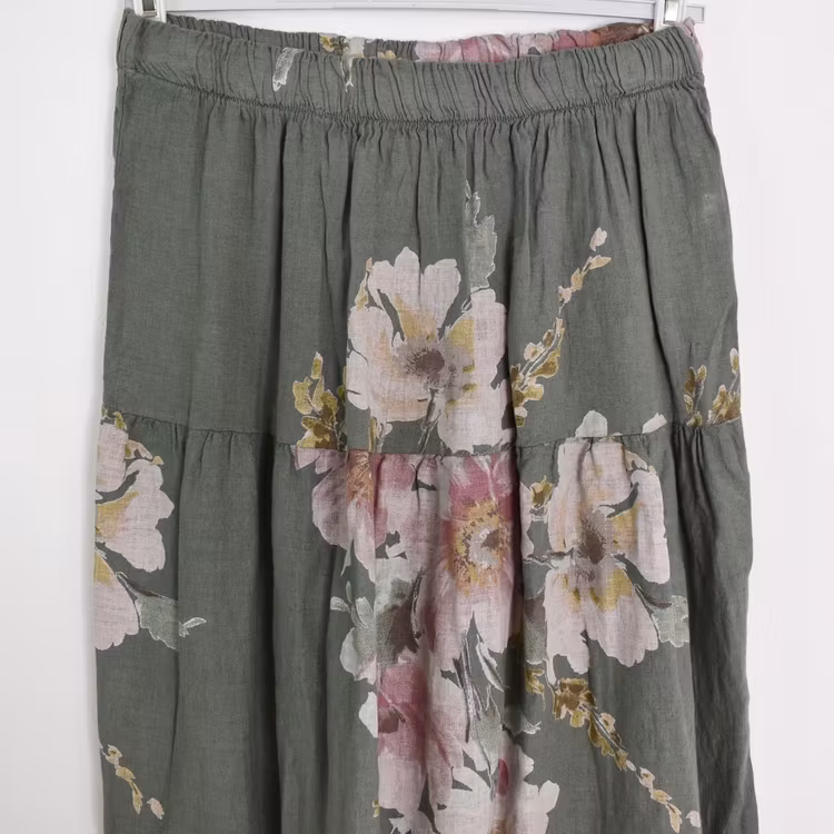 Linnekjol med volanger Blommig KAKI