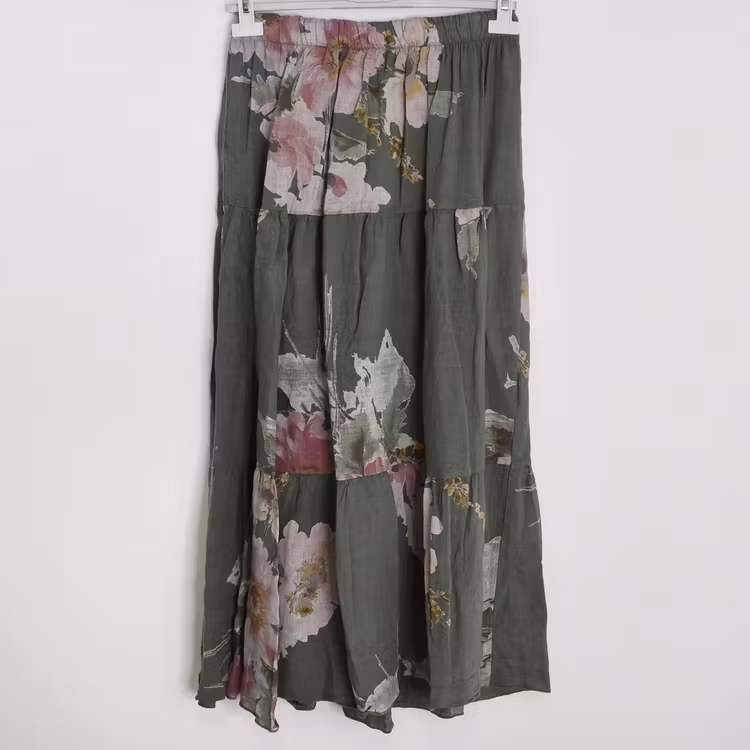Linnekjol med volanger Blommig KAKI