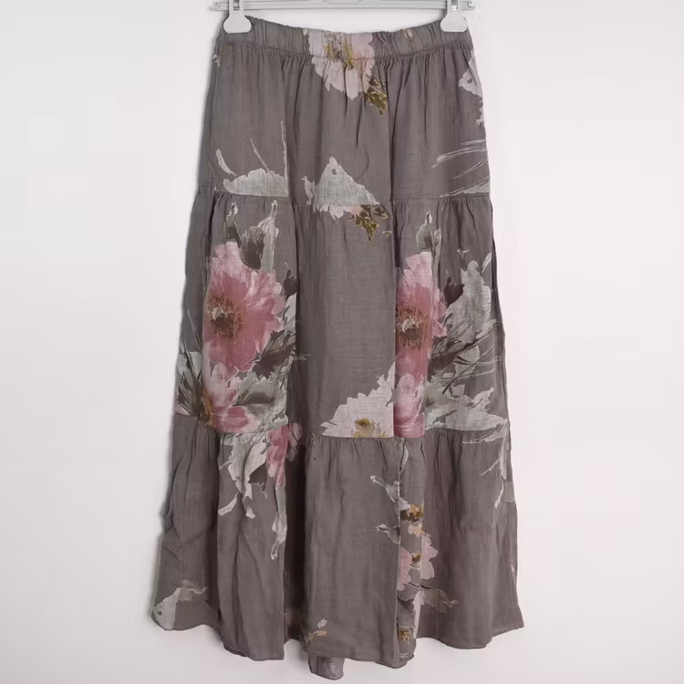 Linnekjol med volanger Blommig TAUPE