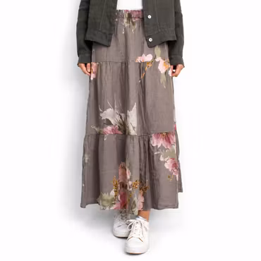 Linnekjol med volanger Blommig TAUPE