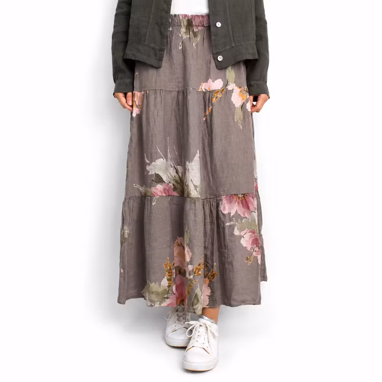 Linnekjol med volanger Blommig TAUPE