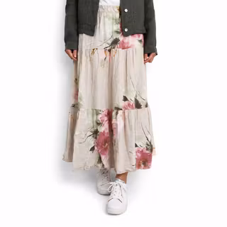 Linnekjol med volanger Blommig BEIGE