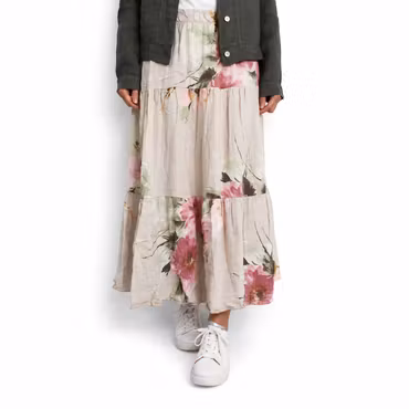 Linnekjol med volanger Blommig BEIGE
