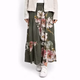 Linnekjol med volanger Blommig KAKI