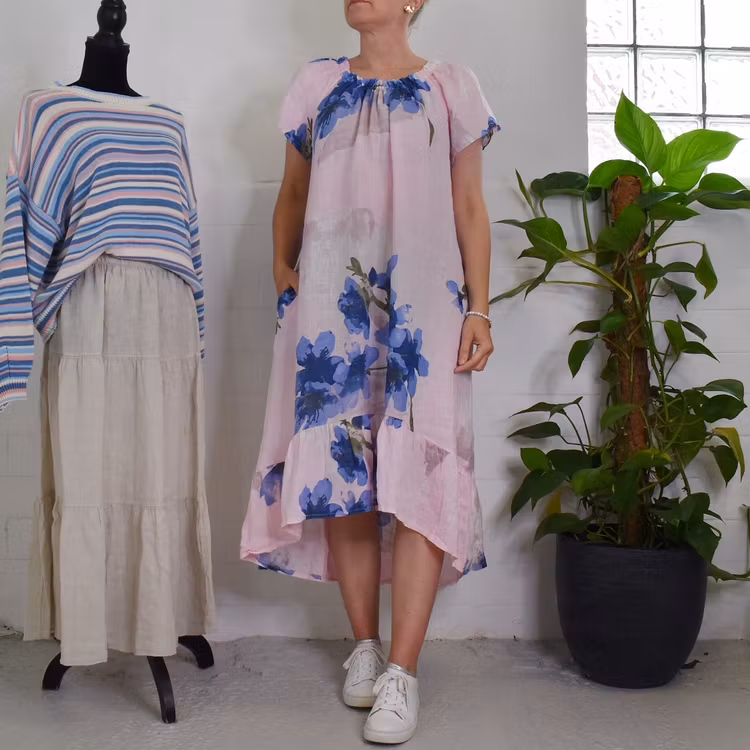 Linneklänning Volang Blommig ROSE