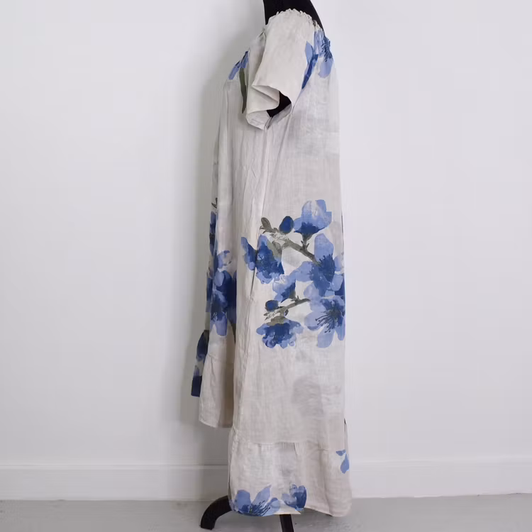 Linneklänning Volang Blommig BEIGE