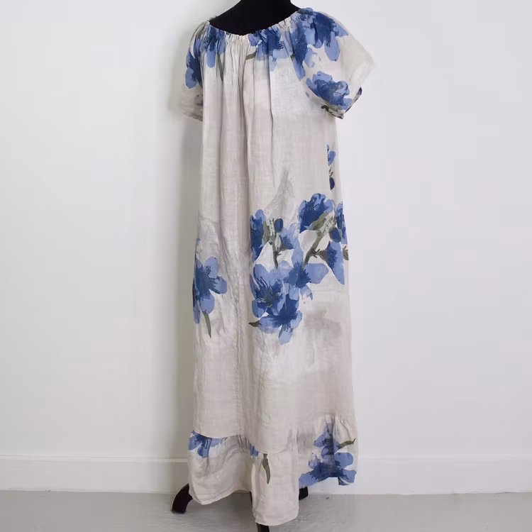 Linneklänning Volang Blommig BEIGE