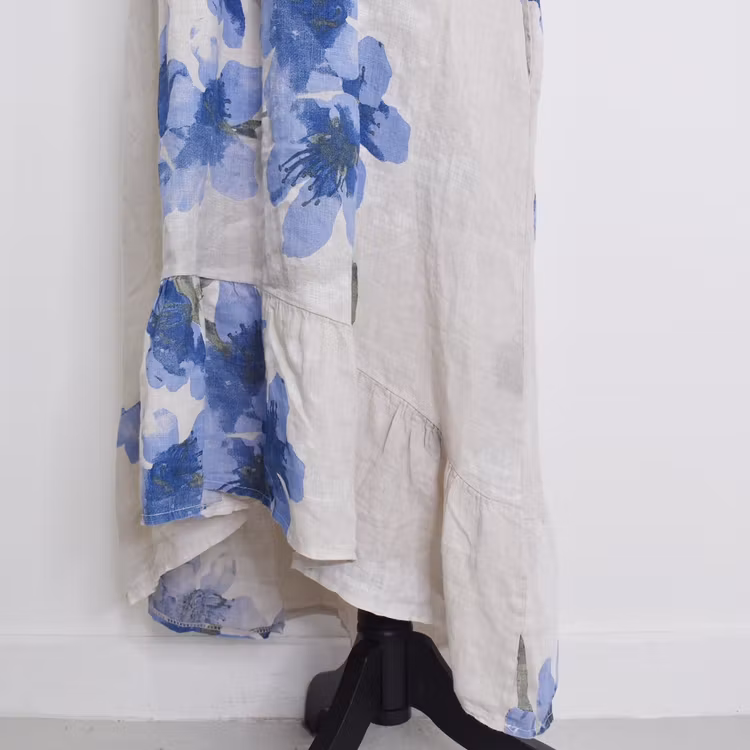 Linneklänning Volang Blommig BEIGE