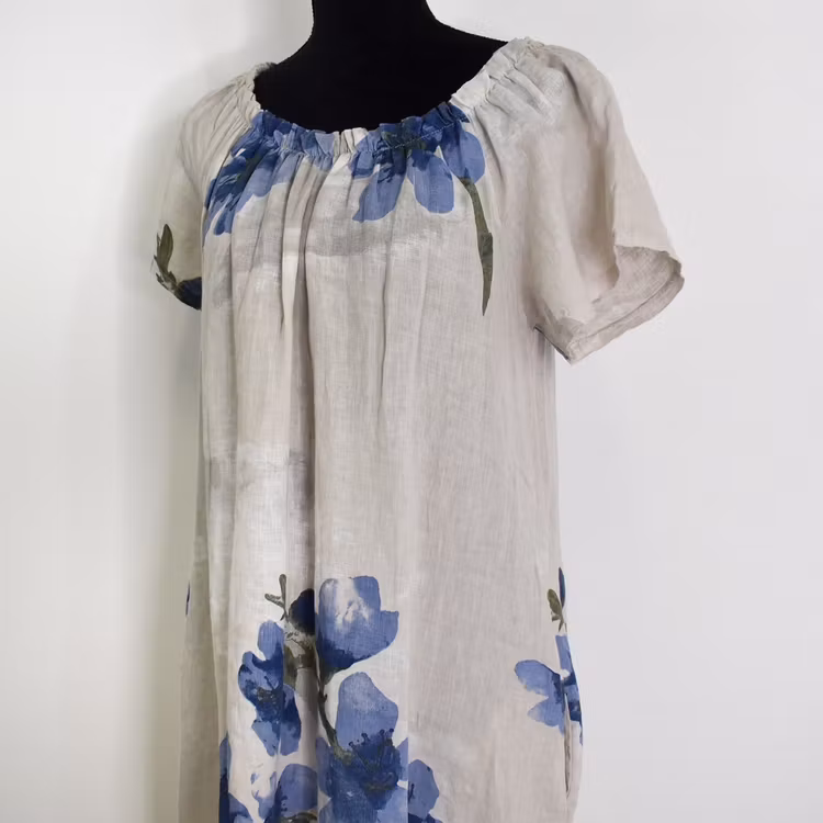 Linneklänning Volang Blommig BEIGE