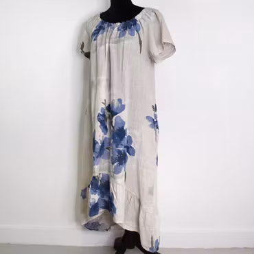 Linneklänning Volang Blommig BEIGE