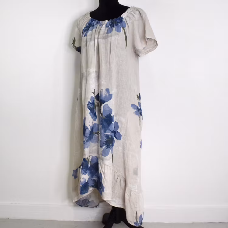 Linneklänning Volang Blommig BEIGE