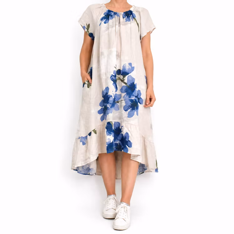 Linneklänning Volang Blommig BEIGE