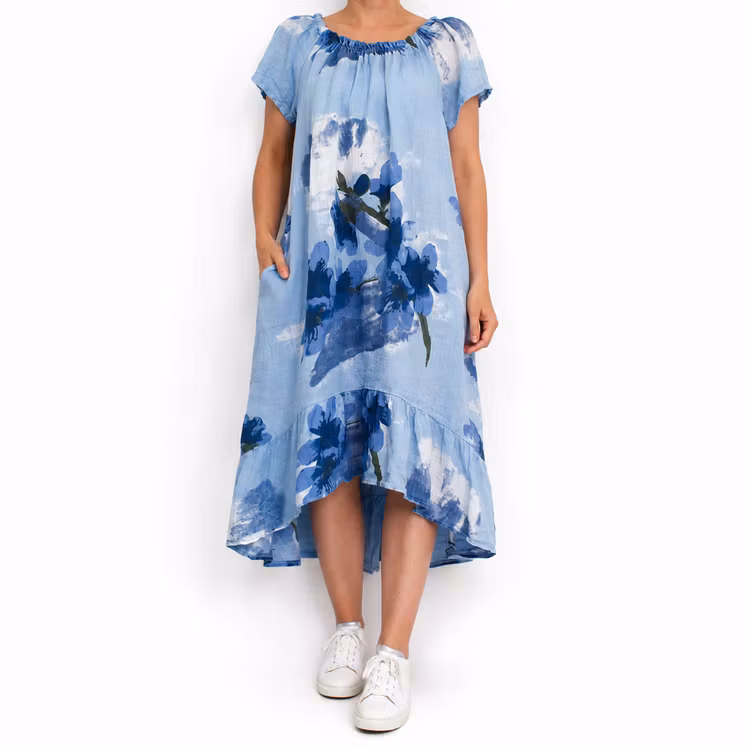 Linneklänning Volang Blommig HIMMEL