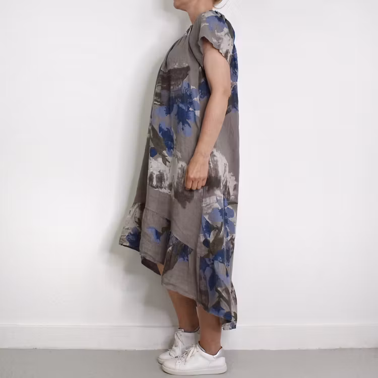 Linneklänning Volang Blommig TAUPE