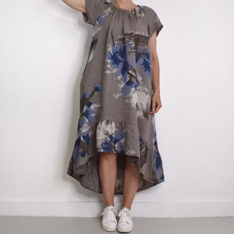 Linneklänning Volang Blommig TAUPE
