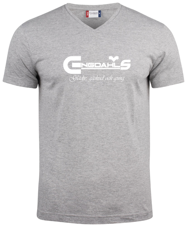 Grå V-hals T-shirt "Glädje, gåshud och gung"