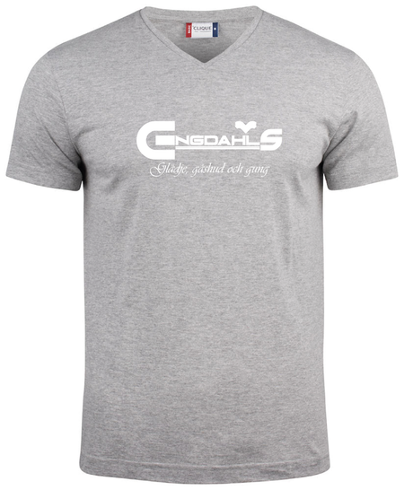 Grå V-hals T-shirt "Glädje, gåshud och gung"
